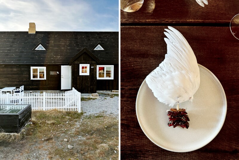 The Koks pop-up residency in Ilimanaq, Greenland (left) features dishes including ptarmigan and reindeer fat (right)