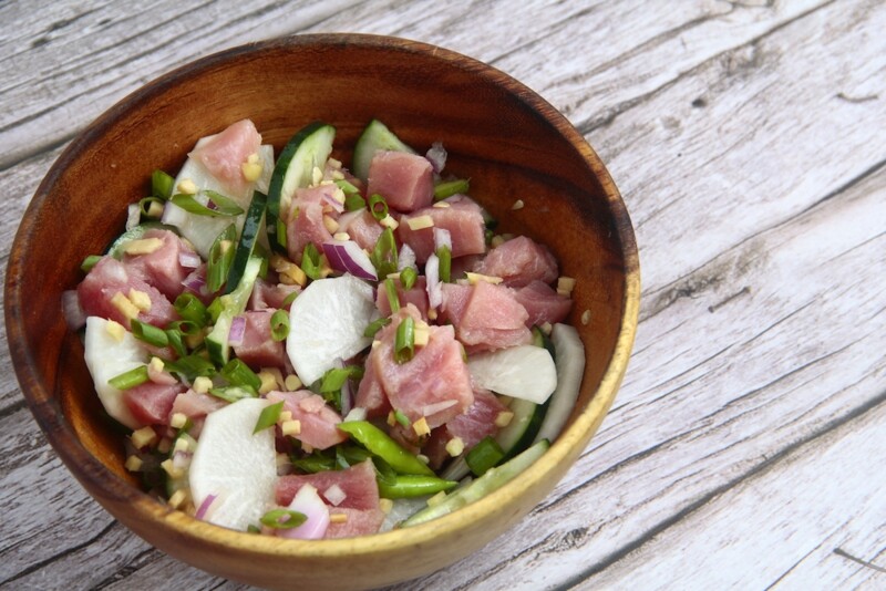 Photo of freshly made Filipino food called Kinilaw or cubed raw Tuna fish in vinegar based dressing served as appetizer.