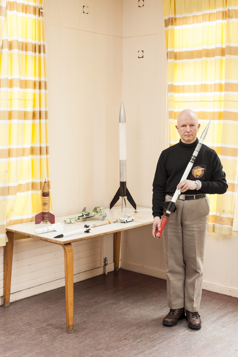 Adrian Hurt, a 52-year-old technician at Heriot Watt University, stands for a portrait at International Rocket Week, an annual rocketry event held at Lapwing Lodge in Aryshire, Scotland.