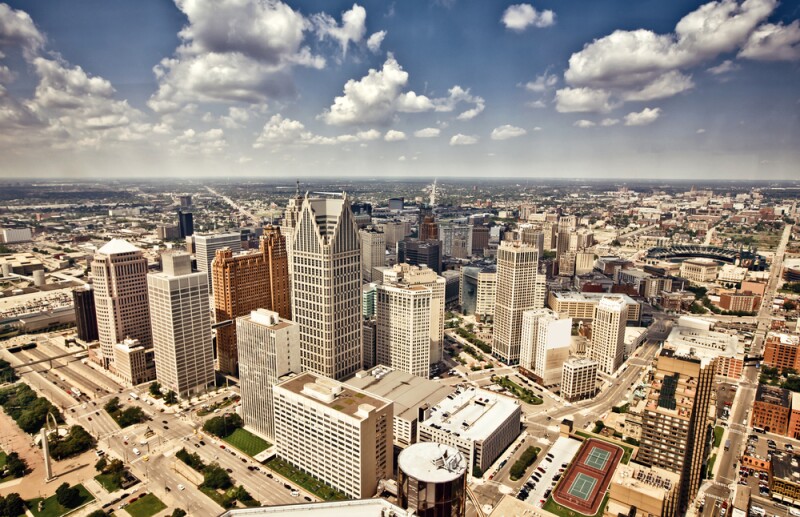 Views in downtown Detroit include art deco buildings like the Penobscot and David Stott.