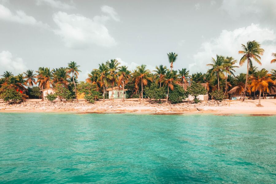 A small stretch of beach in the Dominican Republic, viewed from turquoise water, with sand, palm trees, and a few beach houses