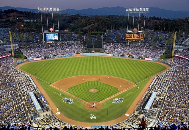 Grandstands overlooking home plate at National League Championship Series NLCS, Dodger Stadium, Los Angeles, CA on October 12, 2008