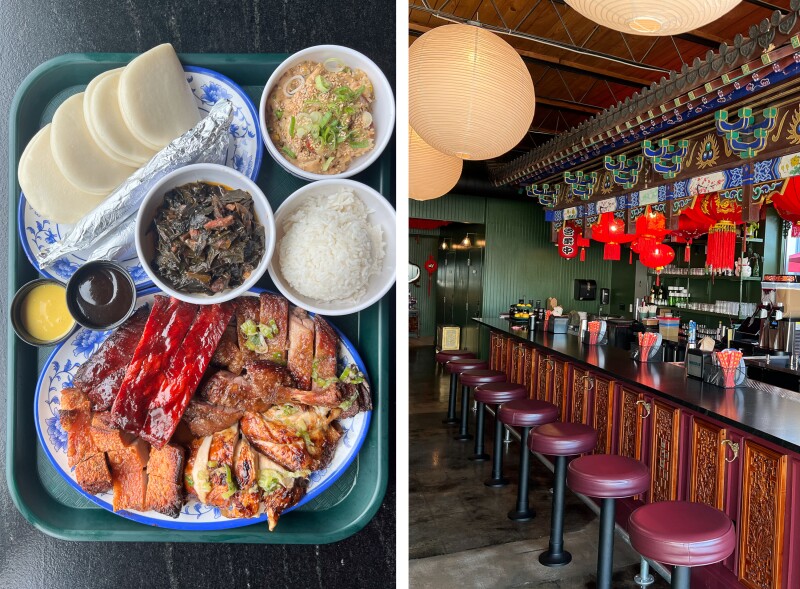 Overhead view of Chinese-influenced barbecue platter (L); a row of empty red, round the bar stools lining bar at King BBQ (R)