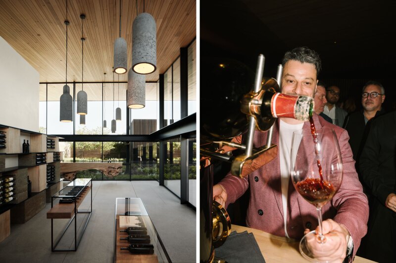 Sleek wood and gray interior, with displays of wine bottles (L); close-up of red wine poured into glass in front of person in pastel blazer (R)
