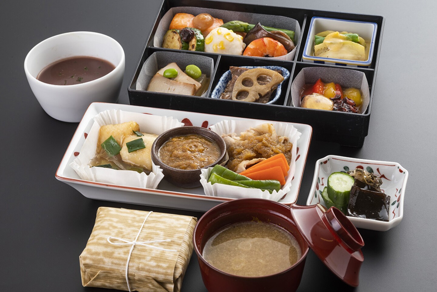 a Japanese meal known as a set, served on JAL Japan Airlines