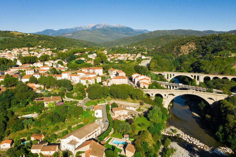 An aerial view of the house and bridges of Ceret, France