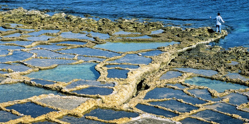 Salted marshes carved in the rock. Gozo island. Malta.