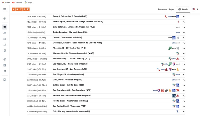 Kayak Direct screenshot of flights