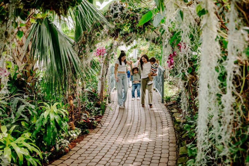 Two women with long dark hair, one holding a small child in one arm, swing a child by the hands between them while walking down a cobblestone path surrounded by flowers and vegetation at Frederik Meijer Gardens and Sculpture Park