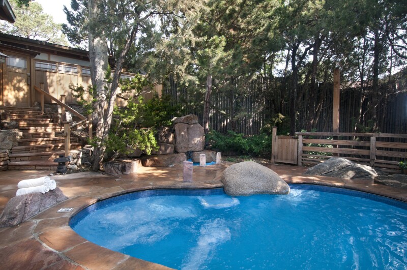 pool surrounded by trees at the Ten Thousand Waves hotel in Santa Fe New Mexico