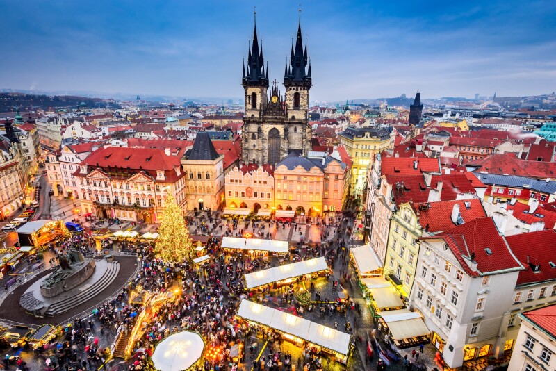 Prague, Czech Republic. Christmas Market in Stare Mesto old square, Tyn Church, Bohemia.