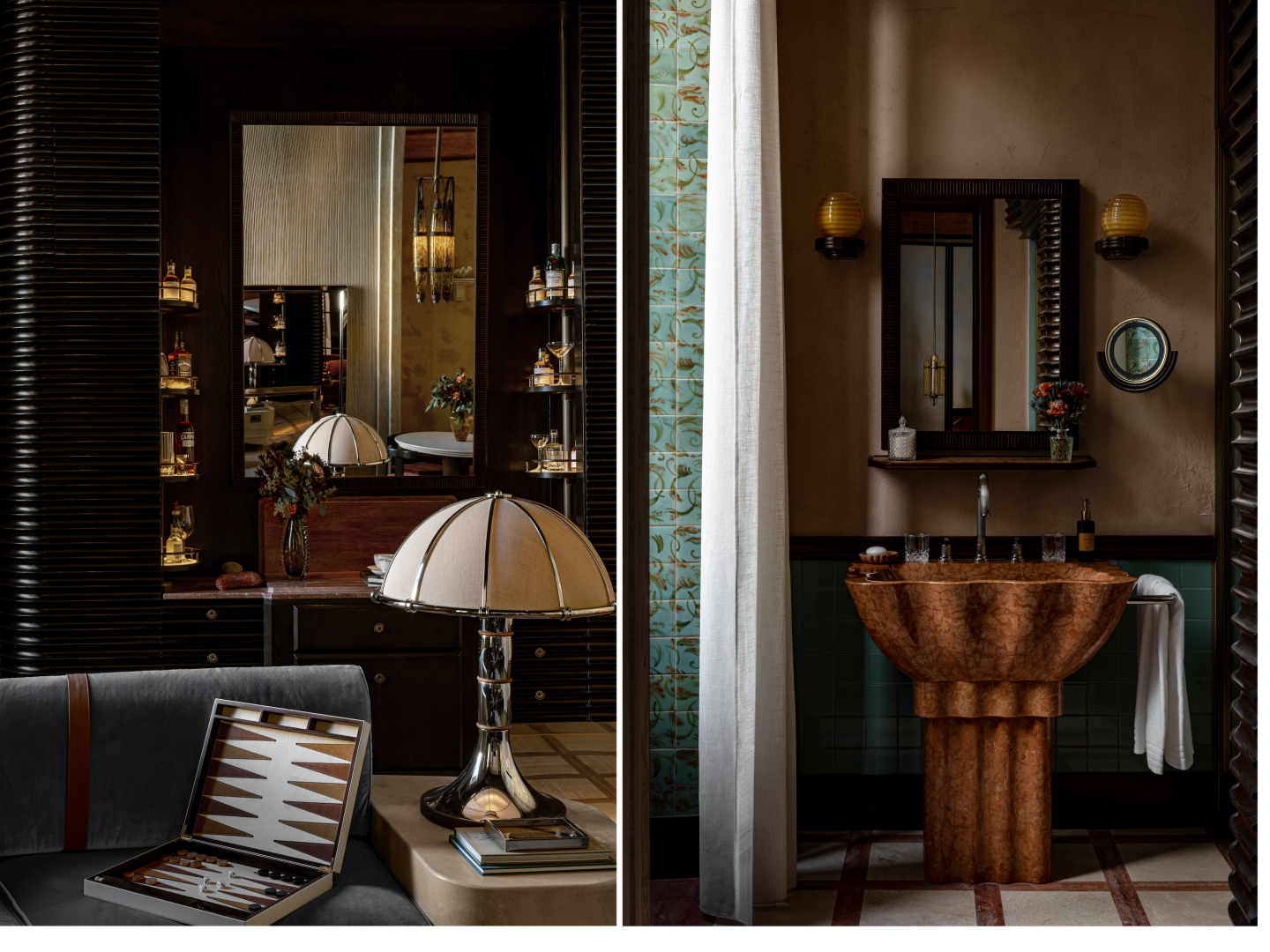 Dark lounge area with backgammon set in Hotel Minerva (L); sink and mirror in a guest room (R)