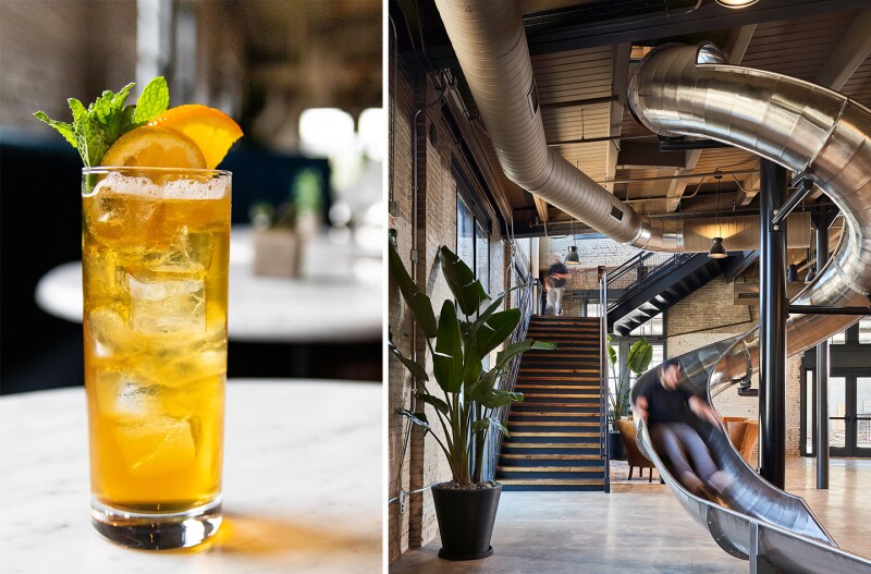 A tall drink with ice (left) and the indoor slide at J. Rieger and Co. (right)