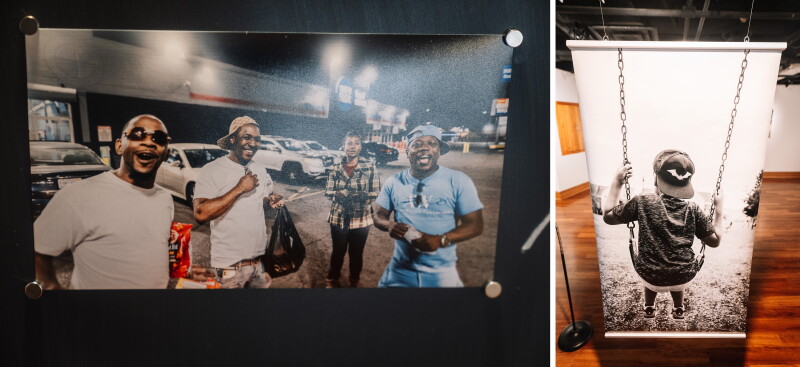 Two photographs by Elonte Davis. The one on the right is a group of four men smiling and laughing in a parking lot at night. The one on the left is a black and white image taken from behind a child on a swing, wearing a sweatshirt and backwards baseball hat.