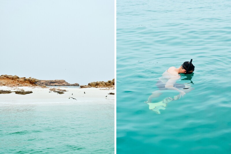 Left: An Omani beach. Right: A boy snorkeling in the sea.