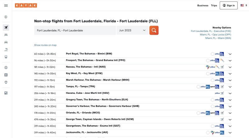 Kayak Direct screenshot listing nonstop flights from Fort Lauderdale