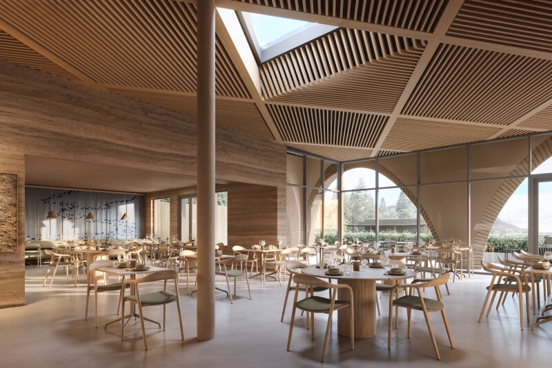 A rendering of Ylja Restaurant at Laugarás Lagoon featuring wooden tables and chairs set within a building with a geometric wooden ceiling
