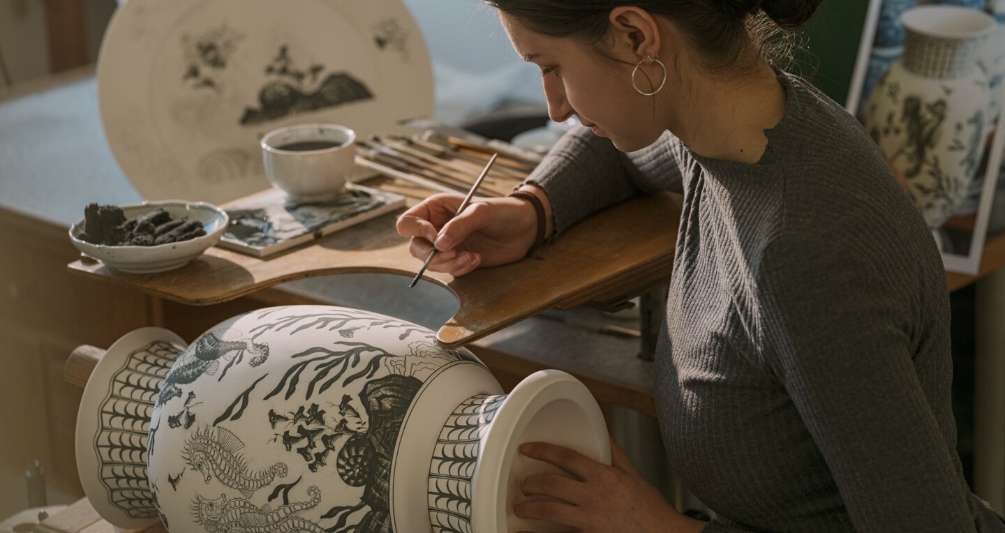 Woman underglaze painting at the MEISSEN Porcelain Manufactory