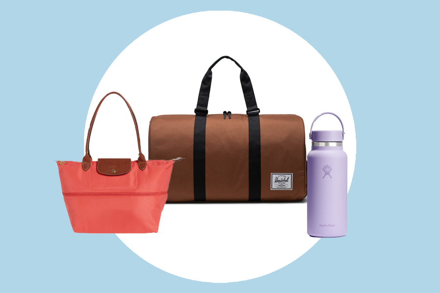 Longchamp tote (pink), Herschel duffel bag (brown), and Hydro Flask water bottle (lavender)