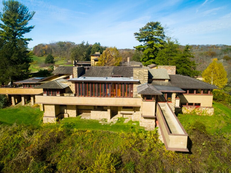 An aerial view of Frank Lloyd Wright's home Taliesin in Wisconsin