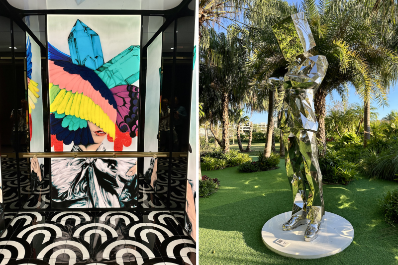 Colorful contemporary art in the hotel lobby (L) and outside (R) at the Wave Hotel in Florida