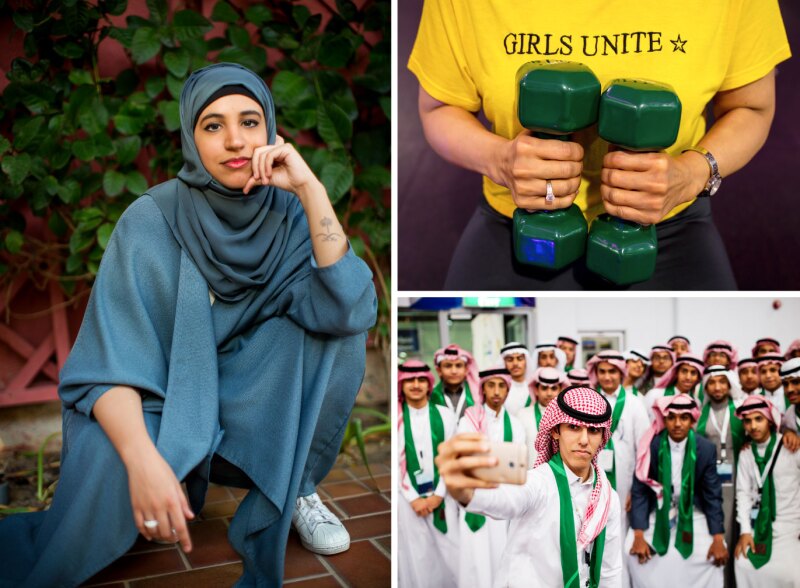 Three photos: a woman artist and computer scientist, a woman holding weights at a gym, students posing for selfie.