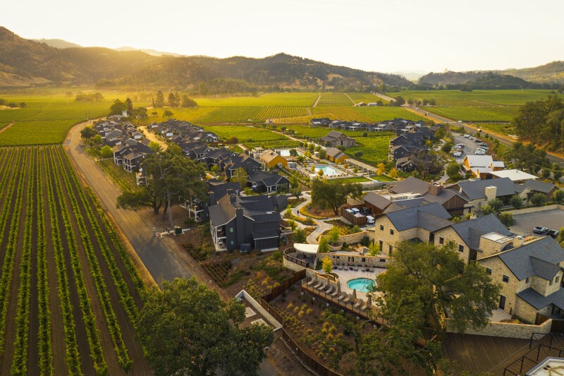 Aerial view of Four Seasons Resort and Residences Napa Valley situated among the vines in Calistoga