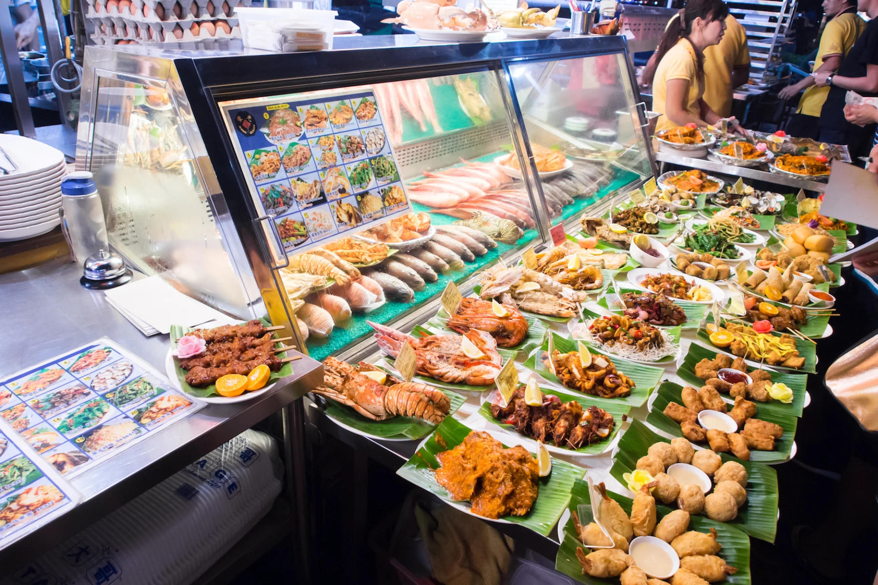 A view of a food stand in a food market in Singapore