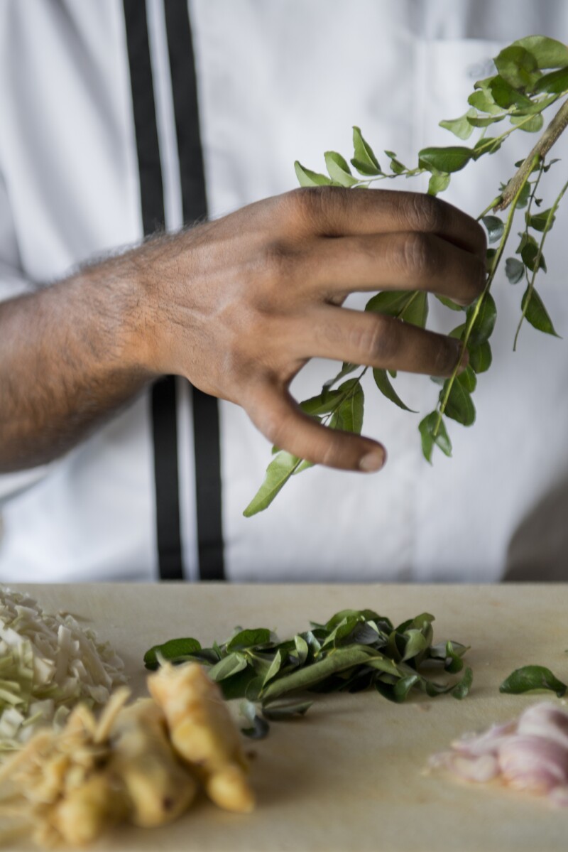 Chef Kartikeyan Selvaraj pulls out leaves from a curry twig at Rice Boat Restaurant inside Vivanta by Taj in Willingdon island, Kochi, Kerala, India on 11/28/2013.