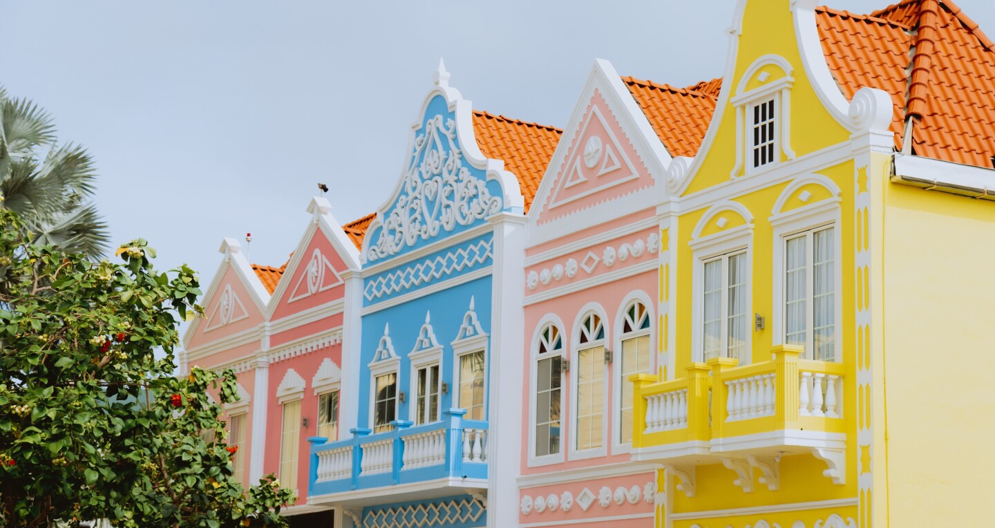 Colorful pastel houses in a row in Oranjestad, Aruba
