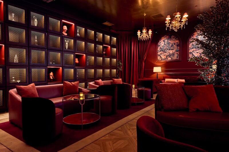 The red couches of the Mars Hollywood bar in Los Angeles.