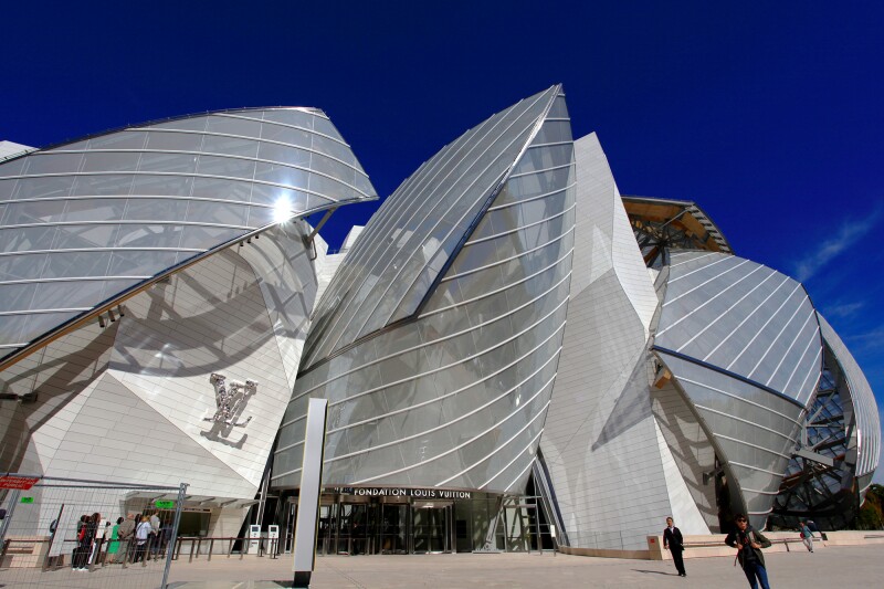 The front entrance of the Fondation Louis Vuitton in Paris, France.