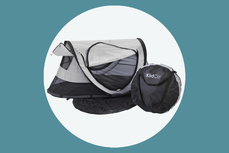 Black and gray KidCo PeaPod travel tent folded and unfolded