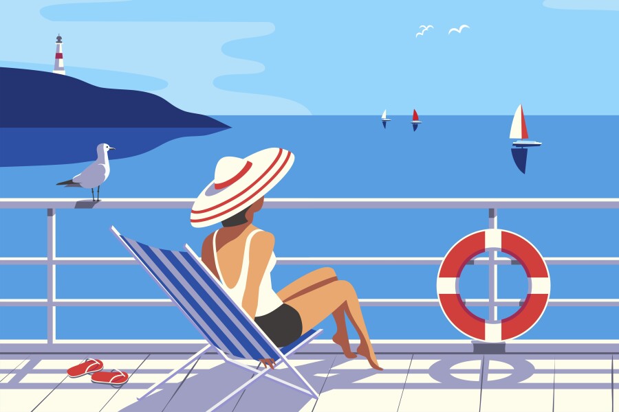 Illustration of a cruise ship passenger in a beach chair on the deck of a cruise ship looking out at the ocean