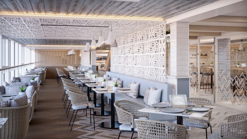 White Aquamar Kitchen dining room on Oceania's "Vista"