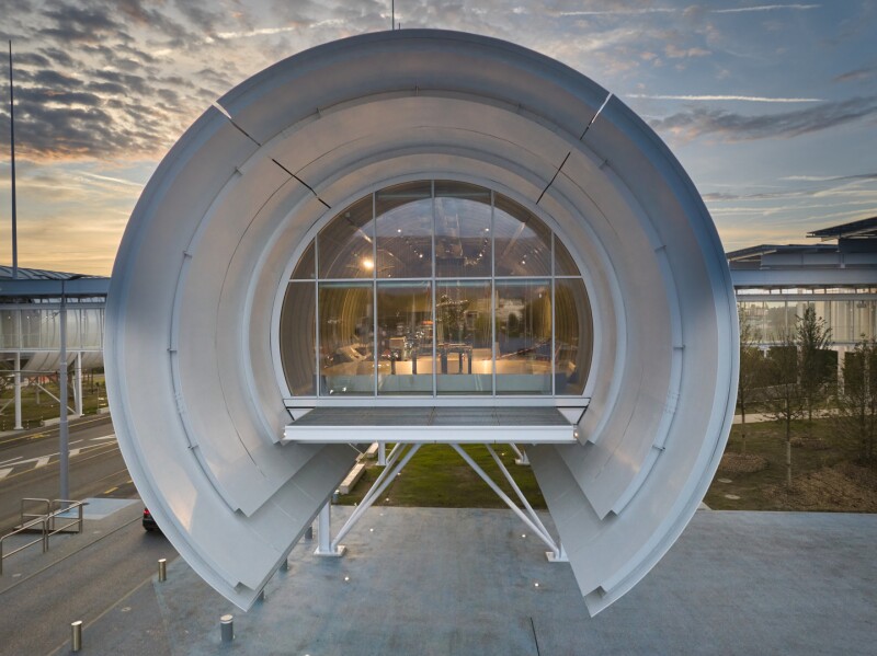 Closeup of circular CERN Science Gateway