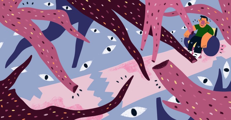 An illustration of a person in a wheelchair moving through a complicated world.