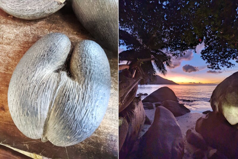 Left: A rare and highly protected coco de mer nut, which has given rise to several legends. Weighing in at over 40 pounds, it is the de facto symbol of the Seychelles. Right: Sunset on Beau Vallon Beach, Mahé’s most popular beach