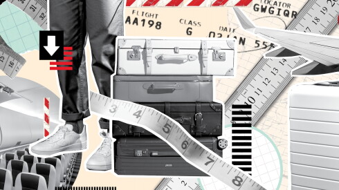 A collage illustration of bags and tape measures meant to serve as representation of carry-on requirements and restrictions.