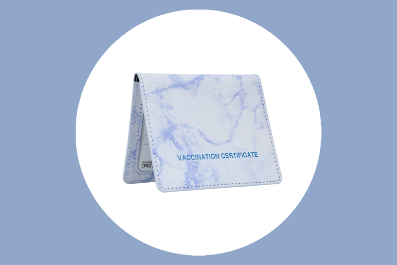 This faux leather vaccine card holder lets you show your CDC card and ID at the same time.