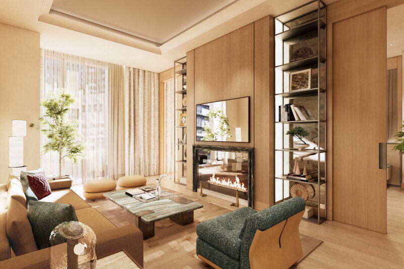 Rendering of the living room of a Viceroy Park Avenue suite with wood accents and floor-to-ceiling windows, a sofa, and an accent chair
