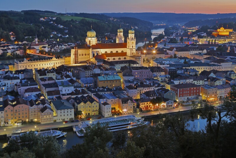 A view from above at night of the Roman fort at the Danube to Passau, Germany