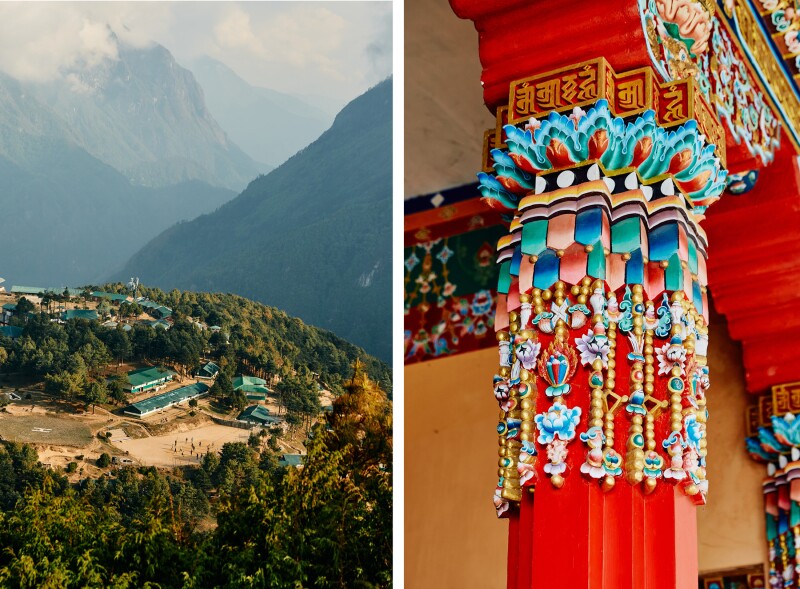 A view above Namche Bazaar, a popular town for trekkers on their way to Everest Base Camp (L). During our afternoon in Thamo, we visited the Thamo Monastery and Nunnery, which featured intricate blue and pink details on red columns (R).