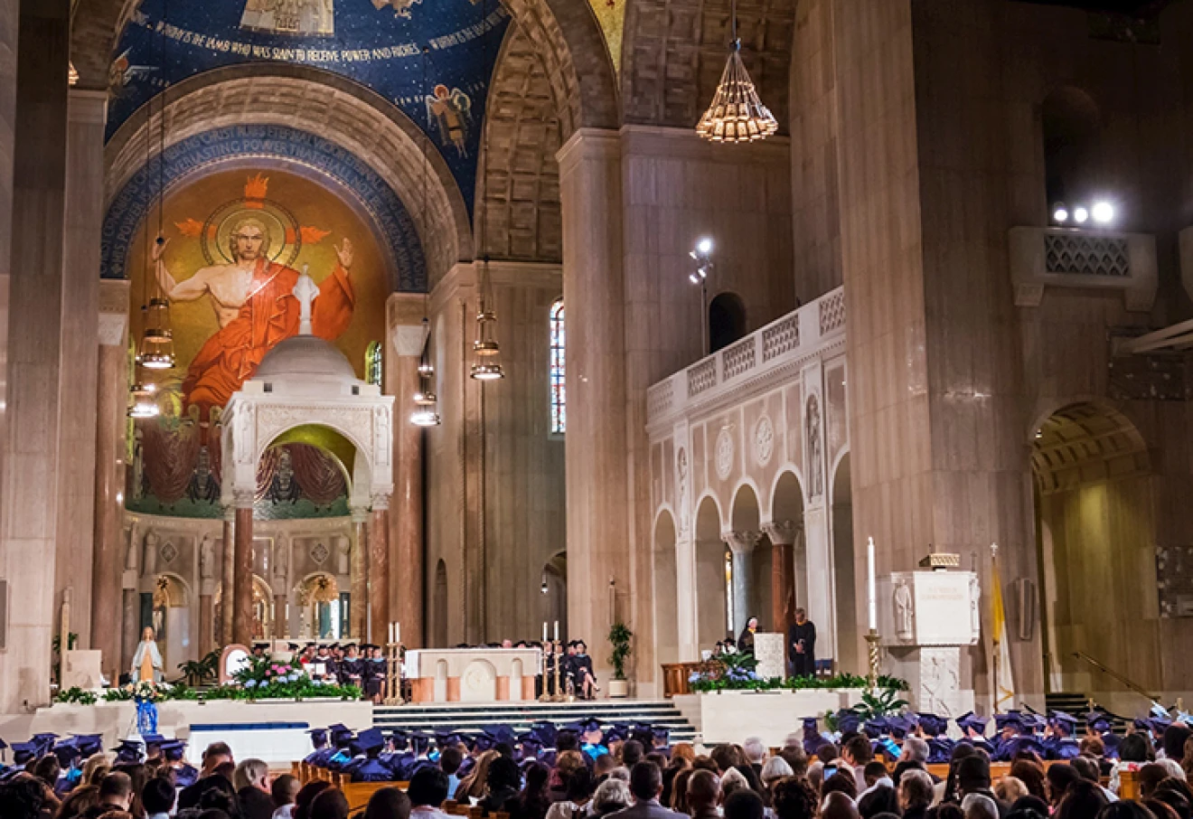 Washington DC, District of Columbia, Basilica of the National Shrine of the Immaculate Conception, Catholic, church, religion, inside, altar, high school graduation ceremony, student, interior,