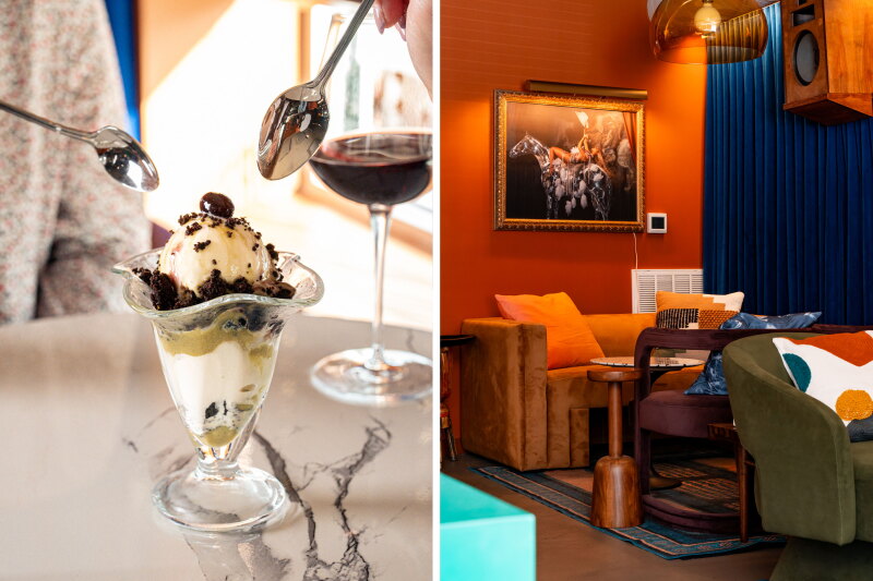 left: ice cream sundae in old fashioned tall glass dish; right: colorful denlike interior of the ice cream and wine bar Potential New Boyfriend in Asheville North Carolina