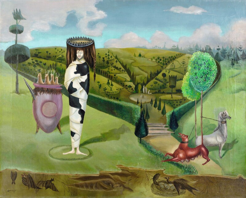 Painting of a woman wrapped in black and white shawl in a green field near two dog-like animals