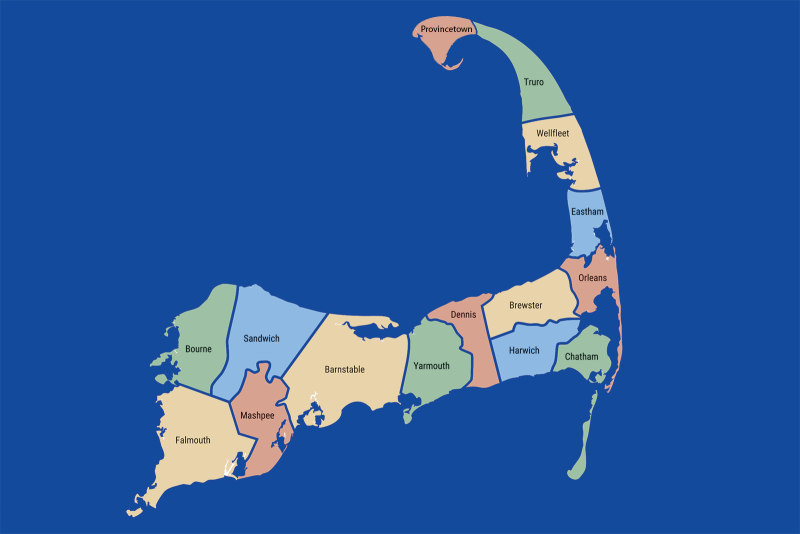 This map of Cape Cod shows the area's different towns in four colors