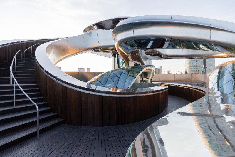 Tornado-shaped staircase and viewing platform above the Fenix Museum in Rotterdam