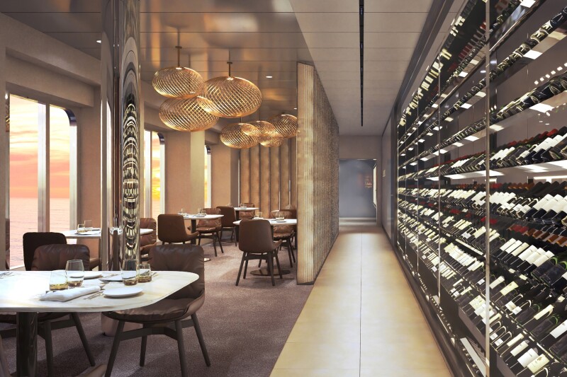 Rendering of a fine-dining restaurant on the 'Scenic Ikon' with a wall-length wine fridge along the right side and tables and chairs on the left with windows overlooking the sea