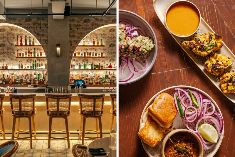 Indn bar with arched alcoves, backlit spirit shelves, and rattan barstools (L); Indian small plates including grilled paneer skewers, pav, chutneys, and red onion salad (R)